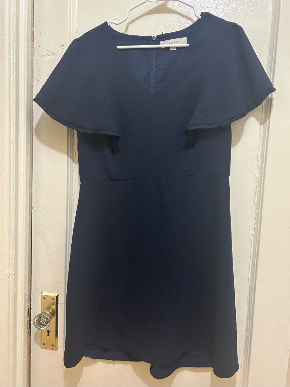 LOFT Navy Preppy Career Fringy Flutter Sleeve Mini Fit & Flare Dress Sz 10